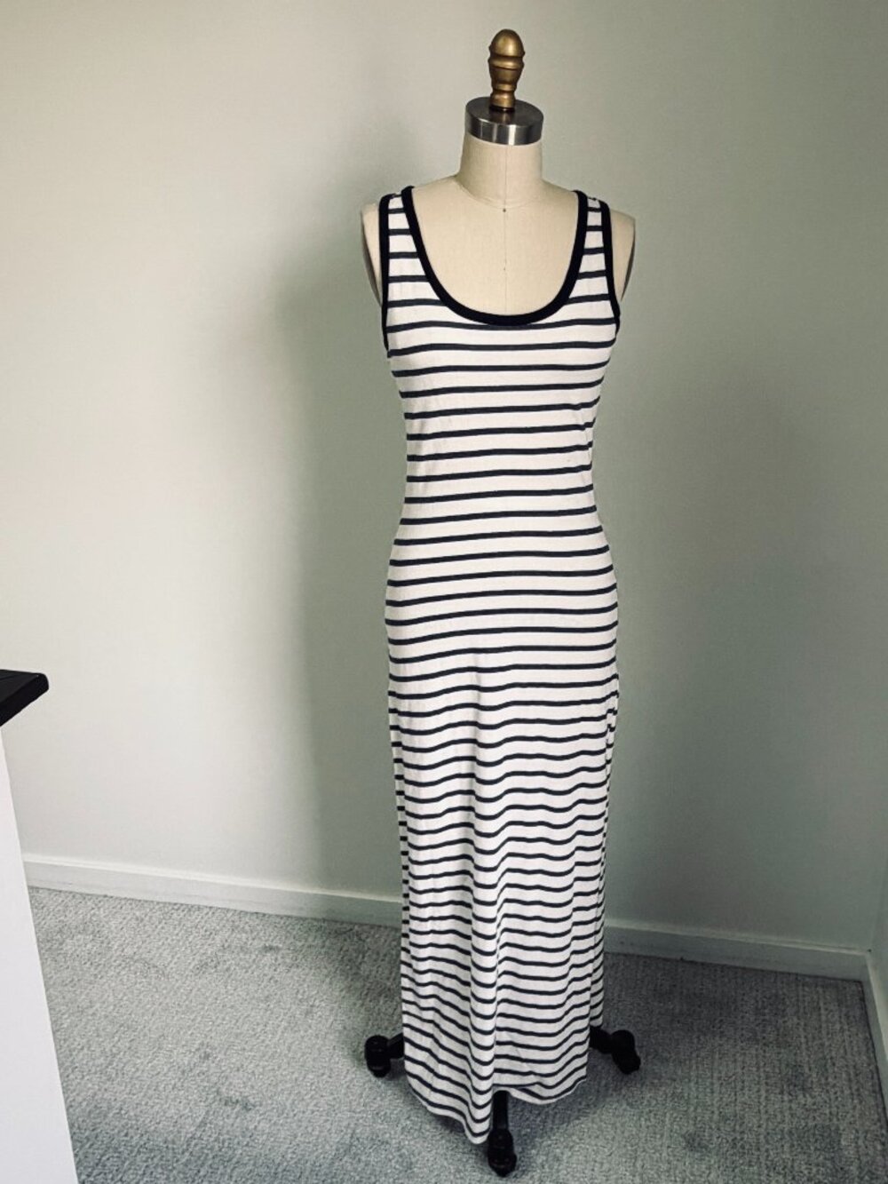 Finn & Clover Racerback Navy & White Striped Maxi Dress w/ Slit- size Medium